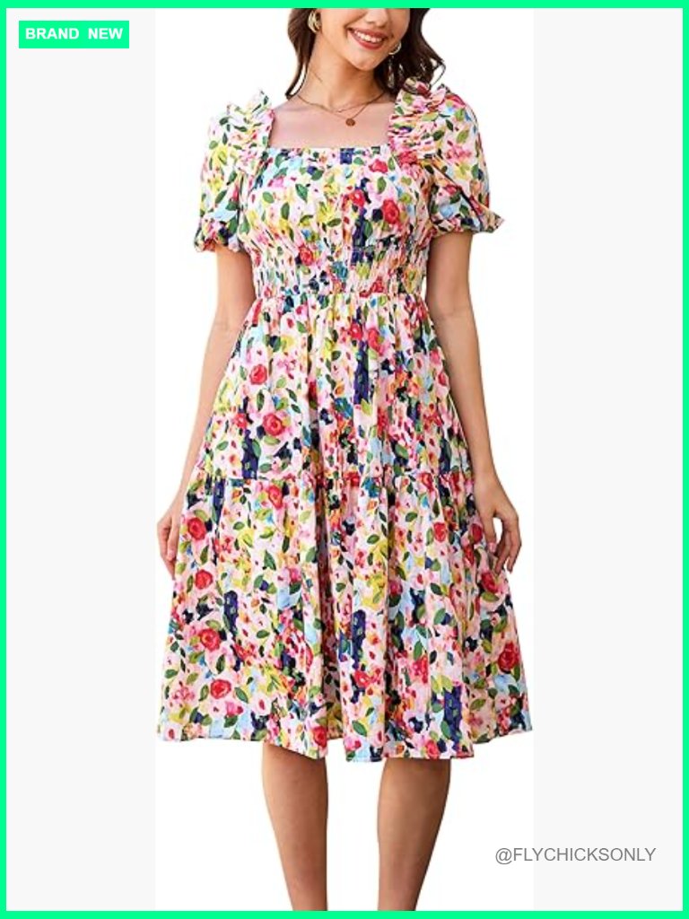 Floral Midi Dress Smocked Ruffle Flowy Mesh Party Wedding Guest Sundress